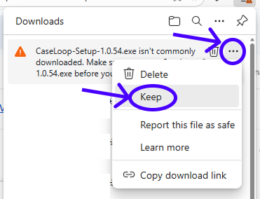 The same Downloads panel expanded, with the three-dot menu beside the file circled and the 