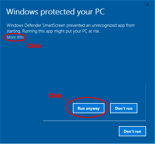 Blue Windows Defender SmartScreen dialog headed 